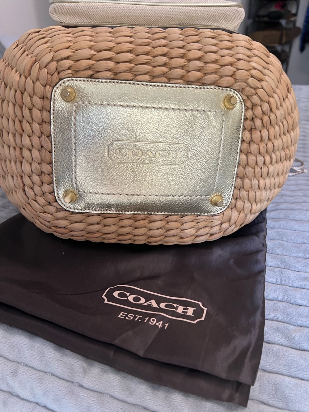 Coach Multicolor Stripe Straw Tote with Gold Accents - Picture 8 of 13